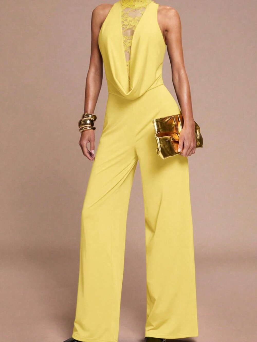 Yellow Elegant Women's Contrast Lace Halter Jumpsuit - Picture 1 of 6